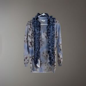 Adore Mohair Blend Floral Cardigan Blue Gray Ruffle Trim XL Fits Medium